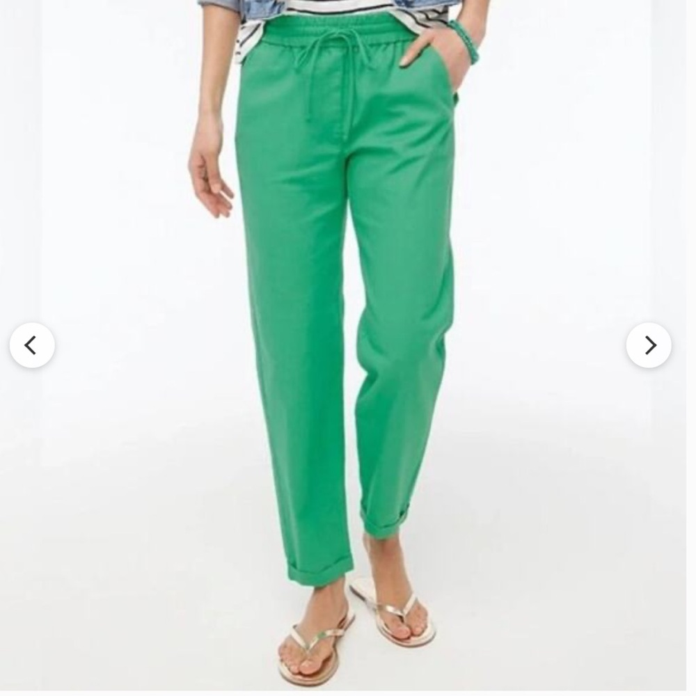 J.Crew Linen Cotton Blend Drawstring Pants Green Straight Leg Cuffed Hem Sz 10 - Picture 2 of 7